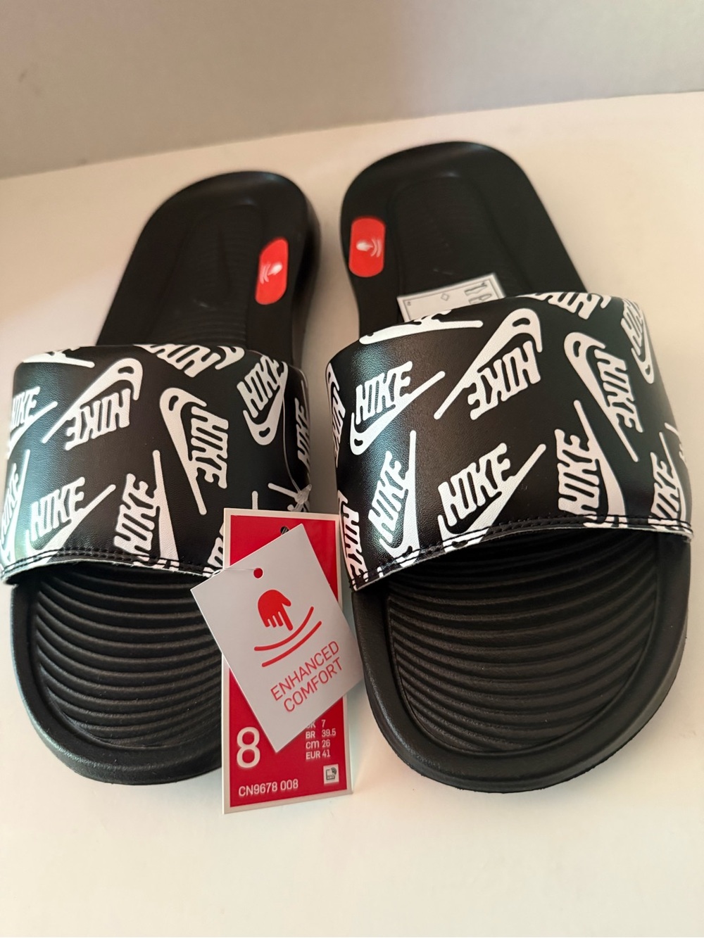 Nike Victori One Black/White Print Slide Sandals # CN9678 008 Men’s 8 New In Box
